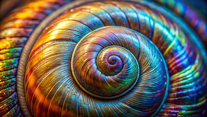 Detailed shot of a snail's shell, showcasing spiral patterns and iridescent hues