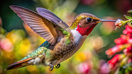 Detailed shot of a hummingbird feeding on nectar, wings frozen in motion
