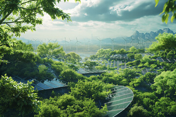landscape of the future, solar panels and wind turbines inbetween green forest, green lush trees surrounding, photorealistic // ai-generated 