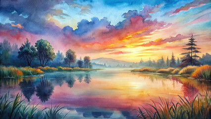 A peaceful lake reflecting the vibrant colors of the sunset sky, surrounded by tall grasses and trees in a watercolor painting style