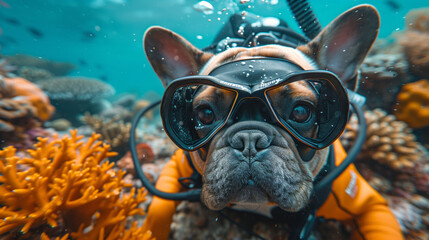 French Bulldog wearing a scuba suit and diving underwater among coral reefs