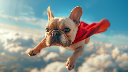 French Bulldog dressed as a superhero flying through the clouds