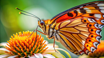 Extreme close-up of a butterfly's proboscis probing a flower, clear background