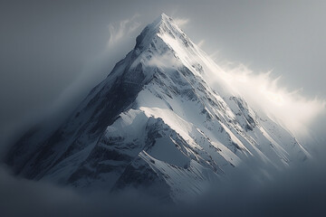 landscape with a snowcovered mountain peak, misty clouds swirling around the top, mejestic atmosphere, aerial view, photorealistic // ai-generated 