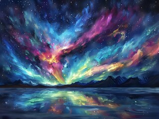 Mesmerizing Aurora Borealis Reflecting on Tranquil Waters Under Starry Night Sky