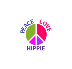 Hippie sign of peace and love isolated on white background. Print for 70s 60s poster or card, t-shirt, bag design, fashion textile