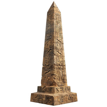 Ancient stone obelisk with hieroglyphs, isolated on a white background. Historic monument representing ancient Egyptian culture. Isolate on white background