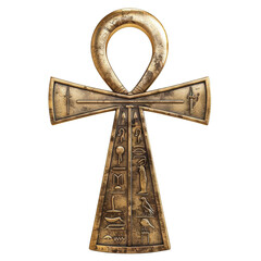 Ancient Egyptian Ankh symbol adorned with hieroglyphs, representing life. Gold metallic finish. Historical artifact, isolated on white background.