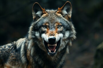 Featuring a wolf with open mouth in dark wood, high quality, high resolution