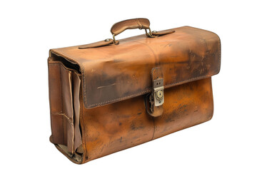 A vintage leather briefcase with a worn appearance, perfect for adding a touch of retro style to professional and casual settings. Isolate on white background