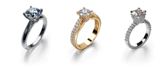 cutout set of wedding engagement diamond rings in golden and white gold finish display, proposal jewelry romantic love present, isolated on transparent png background