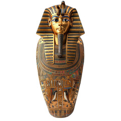 Ancient Egyptian Pharaoh Tutankhamun golden sarcophagus, intricate design showcasing rich history and cultural heritage. Isolate on white background