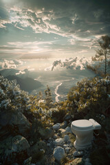 landscape with an outdoor toilet in the mountains, overlooking the valley below, clouds and mist surround it, sunrise, photorealistic // ai-generated 