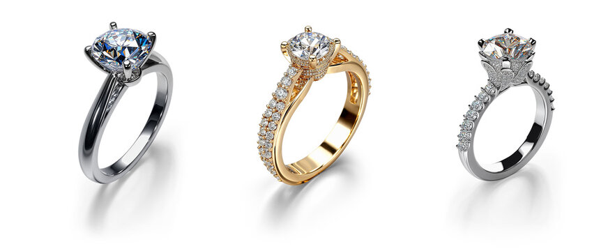 cutout set of wedding engagement diamond rings in golden and white gold finish display, proposal jewelry romantic love present, isolated on transparent png background