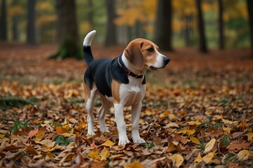 Beagle sniffing around an autumn forest, colorful leaves scattered on the ground, crisp air and a peaceful ambiance