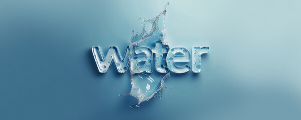 wide banner of water liquid h2o or ice text work in pure transparent flowing ripples and splashes, pure drinking water or ice frost cold aqua as poster effect design