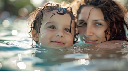 2 year old child and mother enjoying the swimming pool