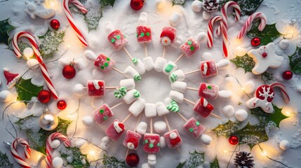 Festive Holiday Sweets and Decorations with Candy Canes and Marshmallows in Snow