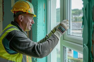 A worker in safety gear applying sealing foam tape to a window