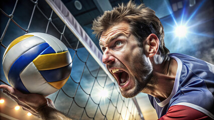 An intense close-up of a volleyball player spiking the ball with precision, their serious...