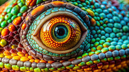 Macro view of a colorful chameleon's eye, showcasing unique patterns and textures