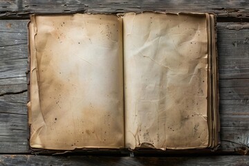 An antique open book with blank pages inviting storytelling laid out on a rustic wooden table surface