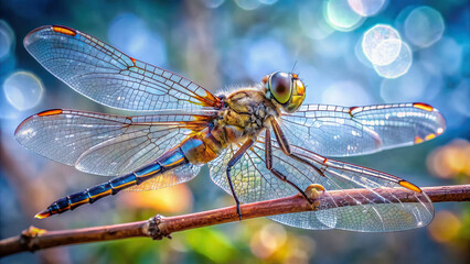 Macro view of a dragonfly perched on a twig, transparent wings gleaming, clear background