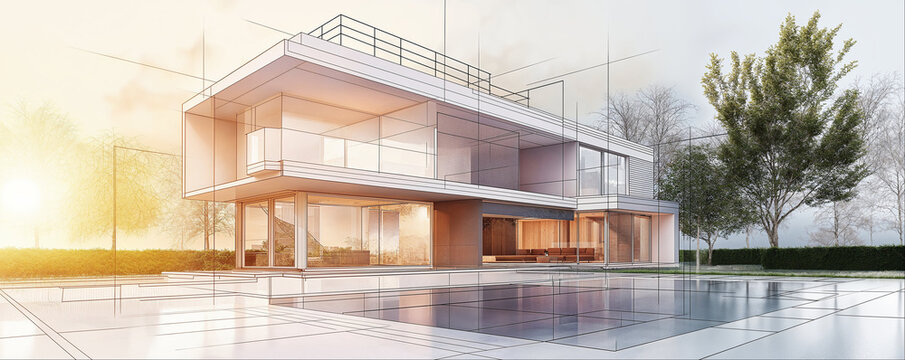 Home architecture exterior project building or renovation refurbishment and restoration contractor service, mixed realistic and structural drawing wireframe line as wide banner