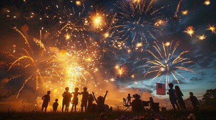 Independence Day Fireworks: Depict a lively 4th of July celebration with fireworks lighting up the night sky. Include families and friends gathered in a park, some waving American flags.