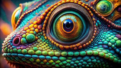 The mesmerizing eyes of a chameleon, each scale and color variation captured in intricate detail.