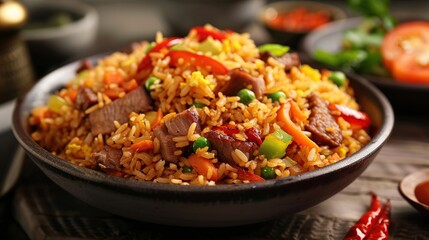 Fototapeta premium Nasi Goreng: Southeast Asian Fried Rice Dish with Meat and Vegetables. Generative AI