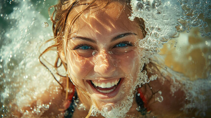 A blue-eyed blonde woman in a black and red swimsuit splashes in the water with a very smiling face, surrounded by a background full of bubbles with copy space.