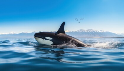 Groups of Orcas or killer whales swim and hunt for prey, the top of the food chain in a sea of ​​ice floes