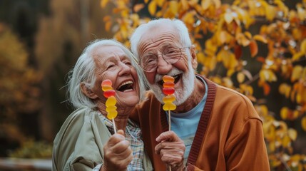 Fototapeta premium Joyful Elderly Couple With Colorful Autumn Leaves Enjoying Jelly on stick