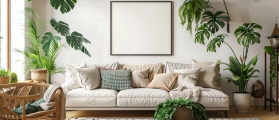 Poster frame on a blank wall, modern sofa, decorative pillows, a rug, and houseplants, in a bright and airy living room,