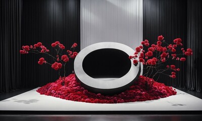 surreal elegance black white minimalism stage for hairshow with red flowers - Powered by Adobe