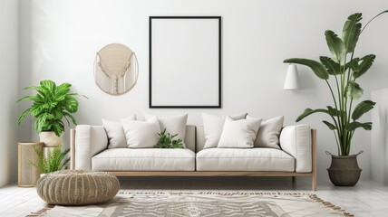 Poster frame on a blank wall above a minimalist sofa, with decorative pillows, a rug, and houseplants in a bright living room,