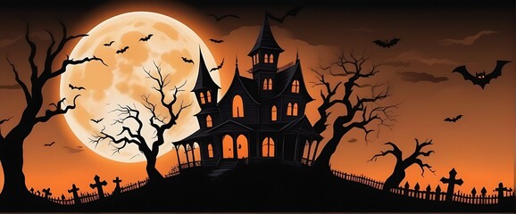 Happy halloween banner or party invitation background with haunted house, graveyard, dead tree and pumpkins.