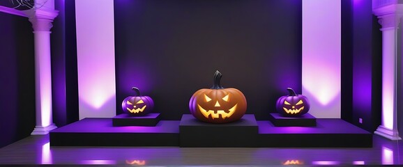 black and purple podium stage for product presentations and promotions with Halloween celebration theme decorations.