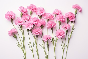 flowers of wild carnations on a white background, subtle minimalism, pink, rustic texture, conceptual minimalism, angular simplicity,