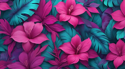 Wallpaper style Tropical flowers in shades of fuchsia purple and turquoise cascade with colorful theme abstract background
