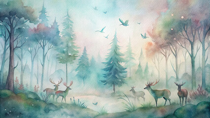 Soft watercolor hues depict a tranquil forest clearing, with deer grazing peacefully as birds flutter overhead.