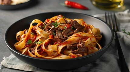 Pasta Fettuccine with Beef Ragout Sauce in Black Bowl. Generative AI