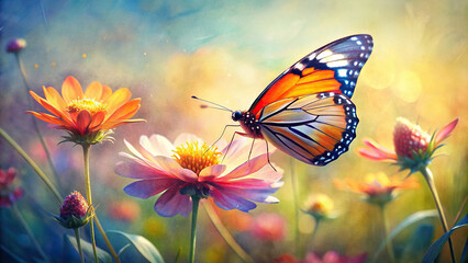 Close-up of a vibrant butterfly perched on a blooming flower in a sunlit meadow, with soft focus background 