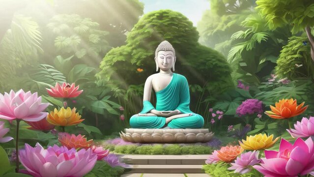 Buddha Statue in a Sunlit Garden