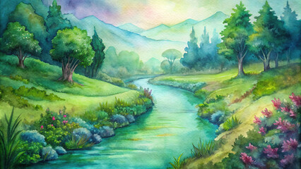 A stream meanders through the verdant landscape, reflecting the vibrant hues of the surrounding flora