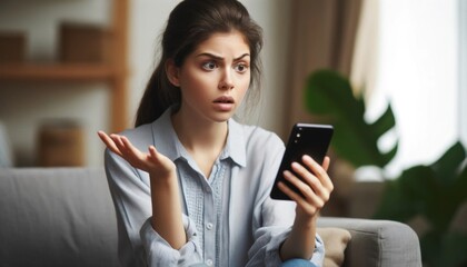 呆れた表情でスマートフォンを見つめる若い女性