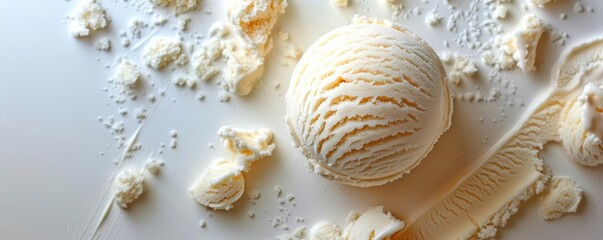 Closeup top view of an ice cream ball, creamy texture and rich color, on a clean white surface, perfect for food photography