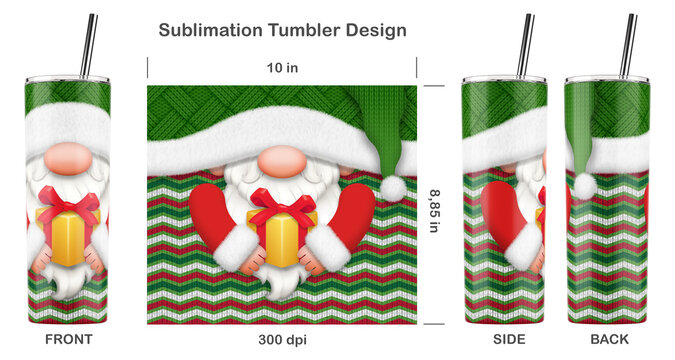 Funny Christmas gnome cartoon character. Seamless sublimation template for 20 oz skinny tumbler. Sublimation illustration. Seamless from edge to edge. Full tumbler wrap.