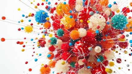 Fototapeta premium Vibrant Explosion of Paint and Colorful Spheres on White Background